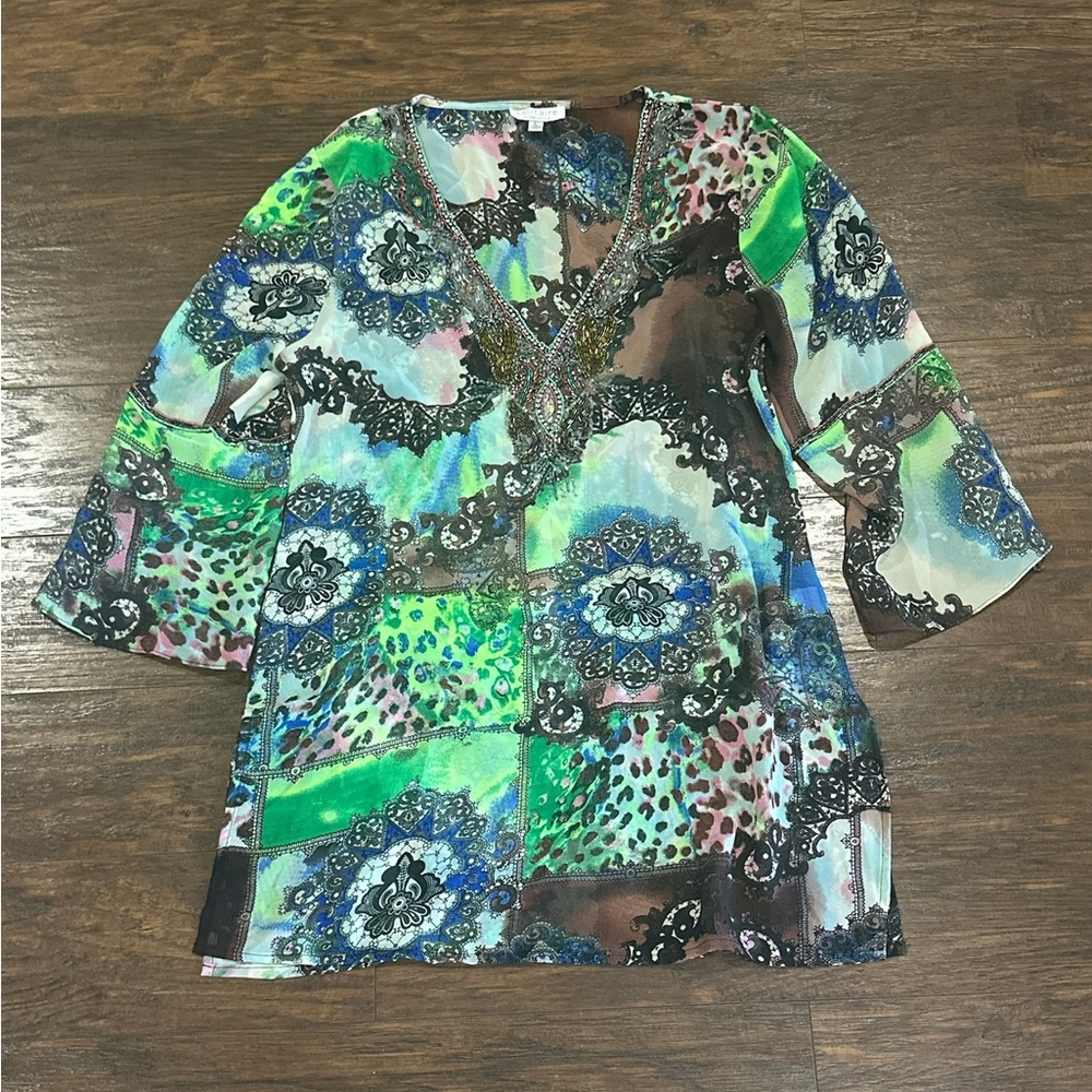 Solitaire by Ravi Khosla Women's V-Neck Tunic Style 3/4 Sleeve Top Size L